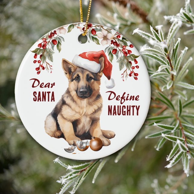 Funny German Shepherd Pup Define Naughty Christmas Ceramic Tree Decoration (Creator Uploaded)