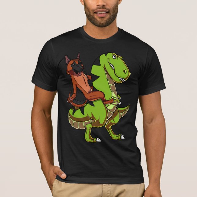 Funny German Shepherd Riding T-Rex Dinosaur T-Shirt (Front)