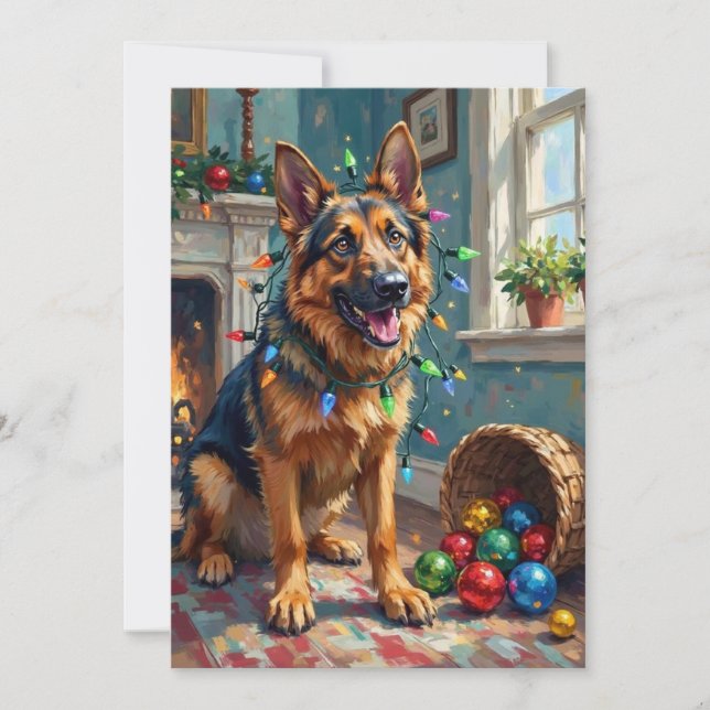 Funny German Shepherd Tangled in Christmas Lights Holiday Card (Front)