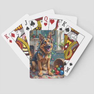 Funny German Shepherd Tangled in Christmas Lights Playing Cards