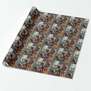 Funny German Shepherd Tangled in Christmas Lights Wrapping Paper