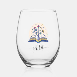 Funny Get Lit Book Lovers Stemless Wine Glass
