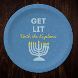 Funny "Get Lit" Chic Personalised Menorah Hanukkah<br><div class="desc">Celebrate Hanukkah in style with these fun "Get Lit" plates, perfect for serving latkes, jelly doughnuts, and all your holiday treats! Featuring a bright blue menorah illustration, customisable family name, and the playful phrase "Get Lit, " these plates add a joyful touch to your holiday table. Ideal for Hanukkah gatherings,...</div>