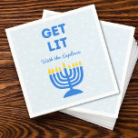 Funny "Get Lit" Chic Personalised Menorah Hanukkah Napkin<br><div class="desc">Add a festive spark to your Hanukkah celebration with these fun "Get Lit" napkins! Featuring a bold blue menorah illustration and customisable family name text, these napkins bring humour and personality to your holiday gatherings. The playful phrase and vibrant colours make them a memorable addition to your Hanukkah table, perfect...</div>