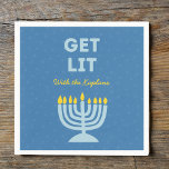 Funny "Get Lit" Chic Personalised Menorah Hanukkah Napkin<br><div class="desc">Add a festive spark to your Hanukkah celebration with these fun "Get Lit" napkins! Featuring a bold blue menorah illustration and customisable family name text, these napkins bring humour and personality to your holiday gatherings. The playful phrase and vibrant colours make them a memorable addition to your Hanukkah table, perfect...</div>
