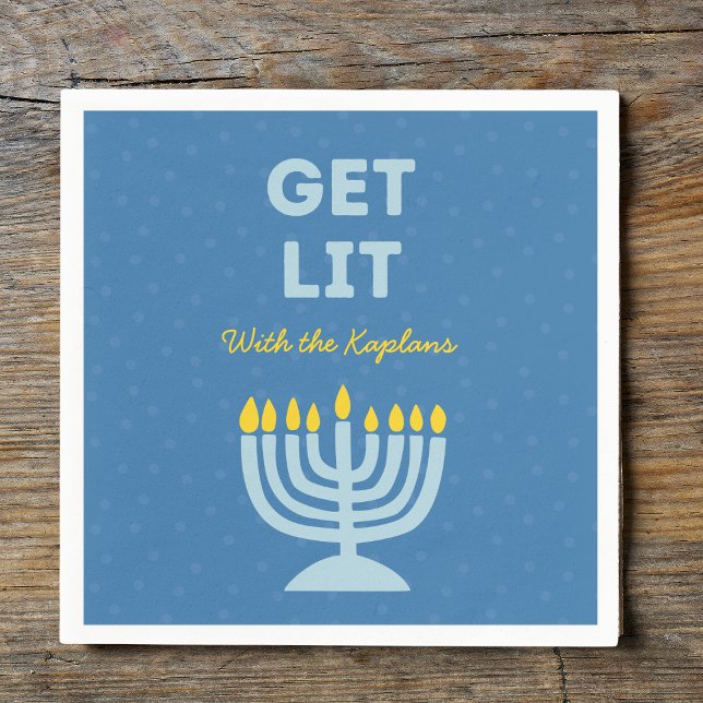 Funny "Get Lit" Chic Personalised Menorah Hanukkah Napkin (Creator Uploaded)