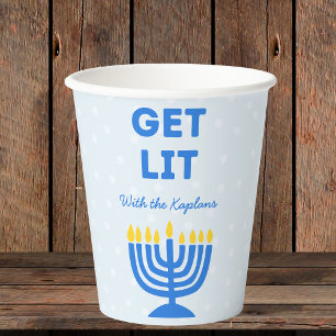 Funny "Get Lit" Chic Personalised Menorah Hanukkah Paper Cups