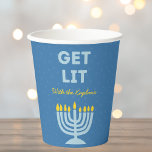 Funny "Get Lit" Chic Personalised Menorah Hanukkah Paper Cups<br><div class="desc">Celebrate Hanukkah in style with these fun and festive "Get Lit" cups! Featuring a bold blue menorah illustration and customisable family name text, these cups are perfect for adding a touch of humour to your holiday gatherings. The playful design, complete with bright colours and a cheerful message, makes these cups...</div>