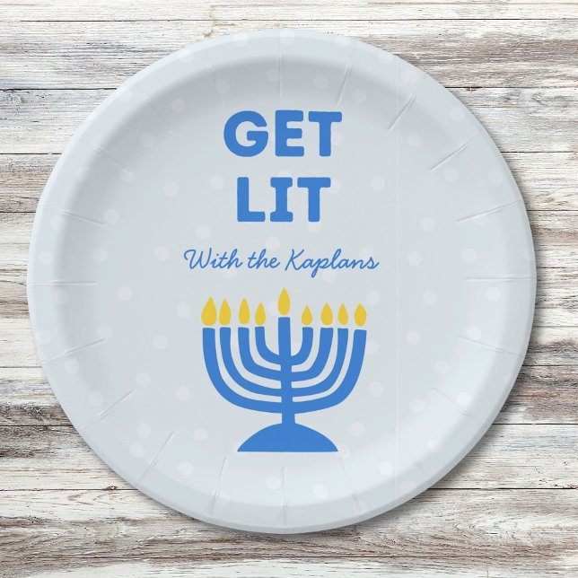Funny "Get Lit" Chic Personalised Menorah Hanukkah Paper Plate (Creator Uploaded)