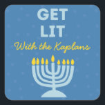Funny "Get Lit" Chic Personalised Menorah Hanukkah Square Sticker<br><div class="desc">Bring a festive spark to your Hanukkah celebrations with these fun "Get Lit" stickers! Featuring a bold menorah illustration, customisable family name text, and a playful message, these stickers are perfect for adding personality to gift bags, favour boxes, or holiday cards. The vibrant design and humourous phrase make them a...</div>