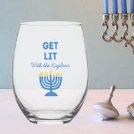 Funny "Get Lit" Chic Personalised Menorah Hanukkah Stemless Wine Glass<br><div class="desc">Celebrate Hanukkah with a smile using this playful "Get Lit" wine glass! Featuring a bright menorah illustration and customisable family name text, this glass is perfect for adding humour and personality to your holiday gatherings. Whether you’re toasting with family or sharing drinks with friends, this unique wine glass brings a...</div>