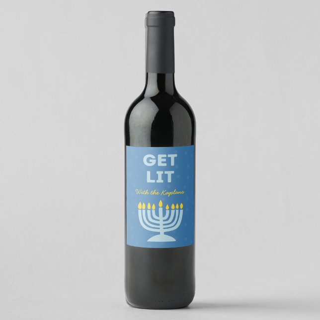 Funny "Get Lit" Chic Personalised Menorah Hanukkah Wine Label (Creator Uploaded)