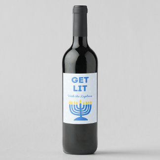 Funny "Get Lit" Chic Personalised Menorah Hanukkah Wine Label