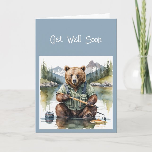 Funny Get Well Soon Fisherman Bear Animal Humour Holiday Card (Front)
