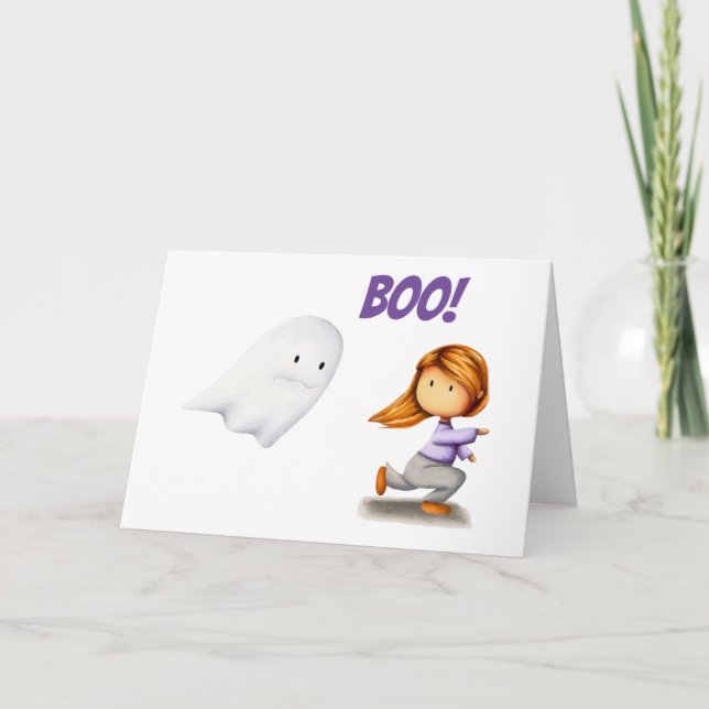 Funny Ghost and Girl Running Boo Halloween Holiday Card (Front)