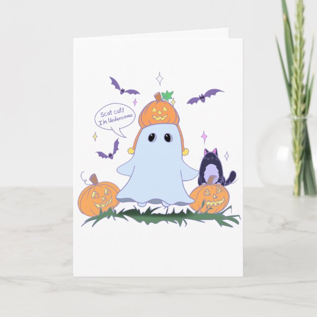 Funny Ghost and Halloween Cat Greeting Card (Front)
