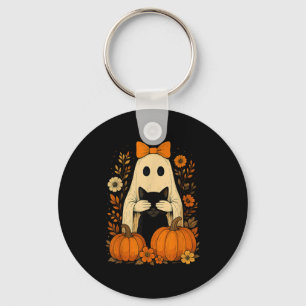 Funny Ghost Bow Holding Black Cat Fall Halloween Key Ring