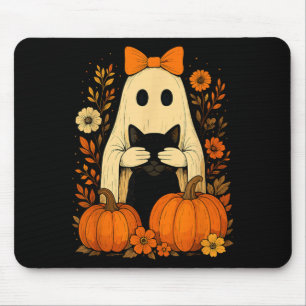 Funny Ghost Bow Holding Black Cat Fall Halloween Mouse Pad