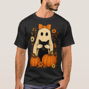 Funny Ghost Bow Holding Black Cat Fall Halloween T-Shirt