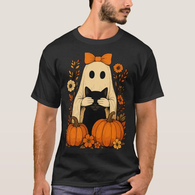 Funny Ghost Bow Holding Black Cat Fall Halloween T-Shirt (Front)