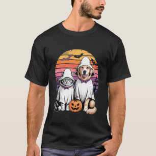 Funny Ghost Cat Dog Halloween Retro Sunset Design T-Shirt