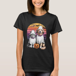 Funny Ghost Cat Dog Halloween Retro Sunset Design T-Shirt