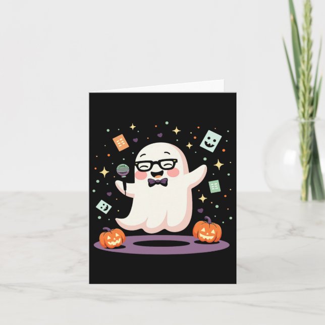 Funny Ghost Comedian Microphone Spooky Halloween C Card (Front)