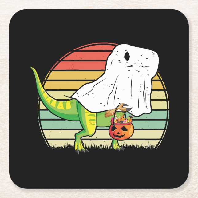 Funny Ghost Dinosaur Halloween Square Paper Coaster (Front)