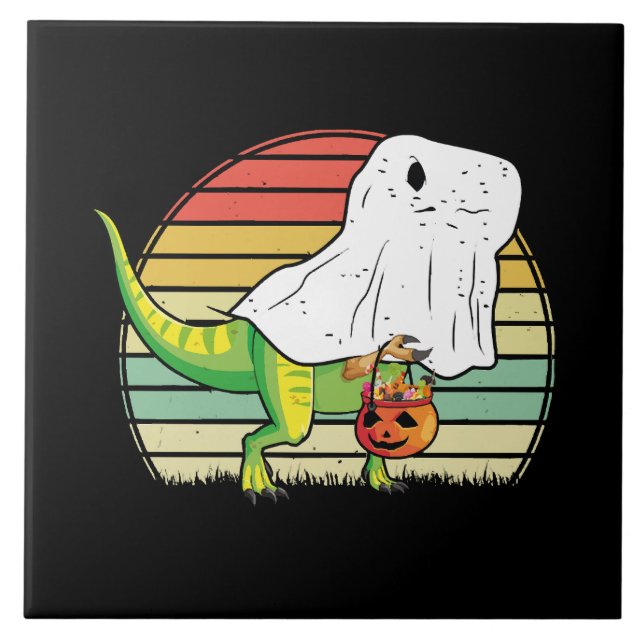 Funny Ghost Dinosaur Halloween Tile (Front)