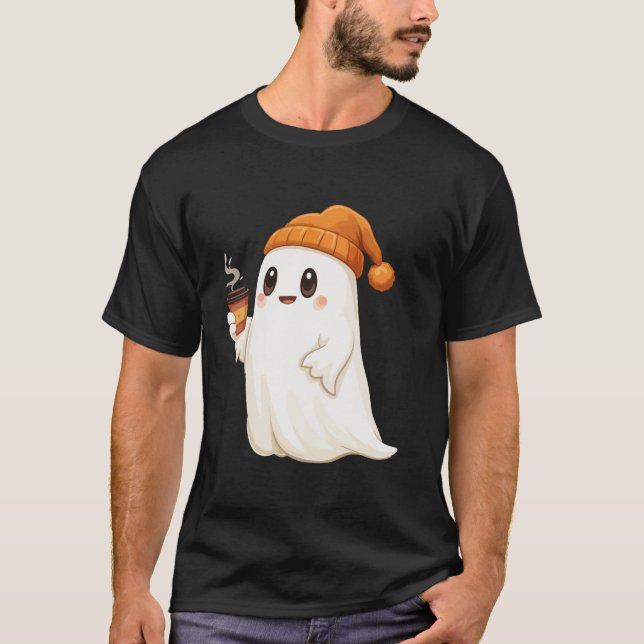 Funny Ghost Drinking Coffee Halloween Ghost Ice Co T-Shirt (Front)