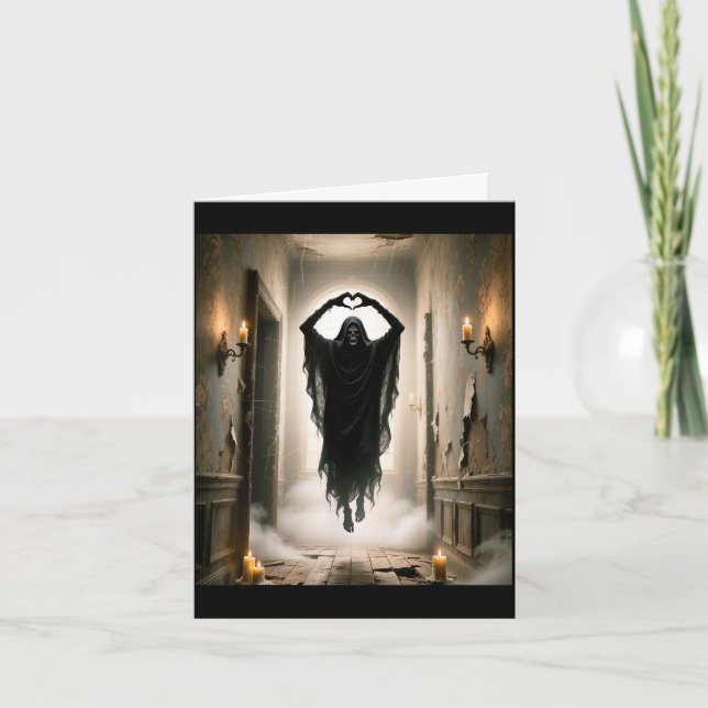 Funny ghost heart hands scary face halloween card (Front)