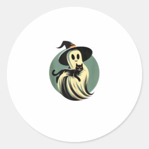 Funny Ghost Holding A Black Cat Lazy Halloween Spo Classic Round Sticker