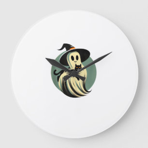 Funny Ghost Holding A Black Cat Lazy Halloween Spo Large Clock