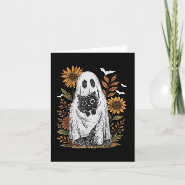 Funny Ghost Holding Black Cat Halloween Ghost Cat  Card (Front)