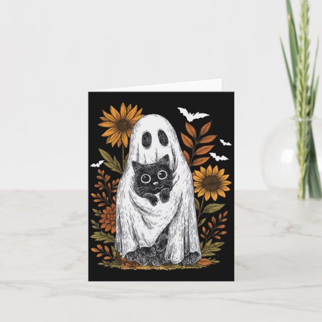 Funny Ghost Holding Black Cat Halloween Ghost Cat Card (Front)