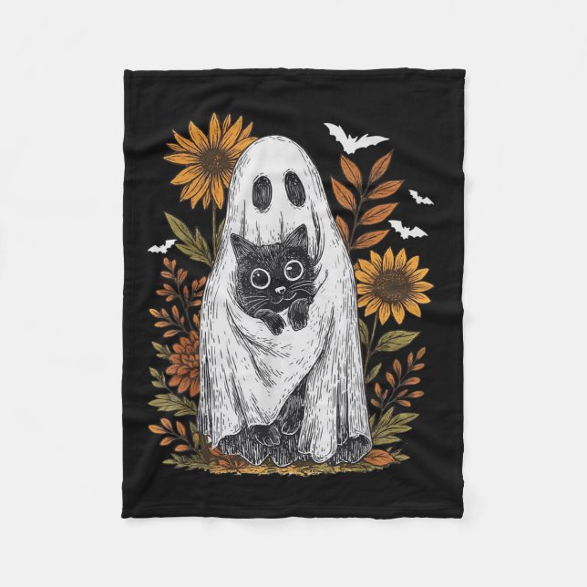 Funny Ghost Holding Black Cat Halloween Ghost Cat  Fleece Blanket (Front)