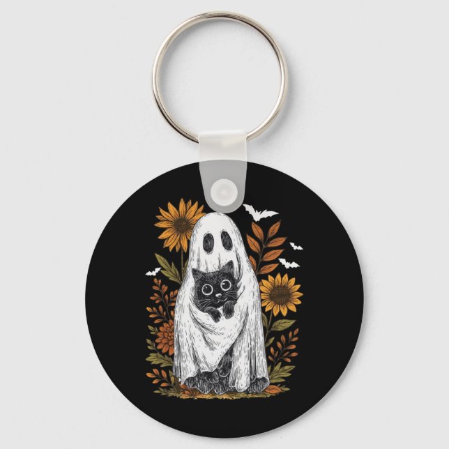 Funny Ghost Holding Black Cat Halloween Ghost Cat Key Ring (Front)