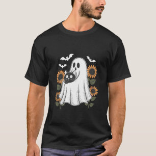 Funny Ghost Hugging Cat Floral Halloween Cats Love T-Shirt