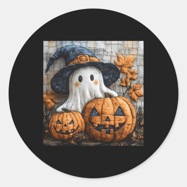 Funny Ghost Pumpkin Cute Halloween Patchwork Art 1 Classic Round Sticker (Front)
