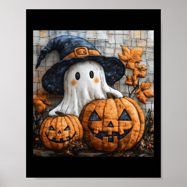 Funny Ghost Pumpkin Cute Halloween Patchwork Art 1 Poster (Front)