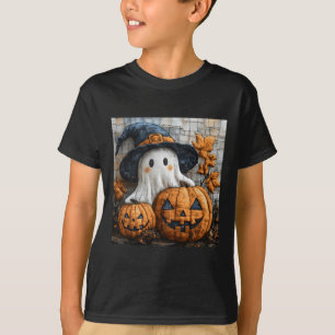 Funny Ghost Pumpkin Cute Halloween Patchwork Art 1 T-Shirt