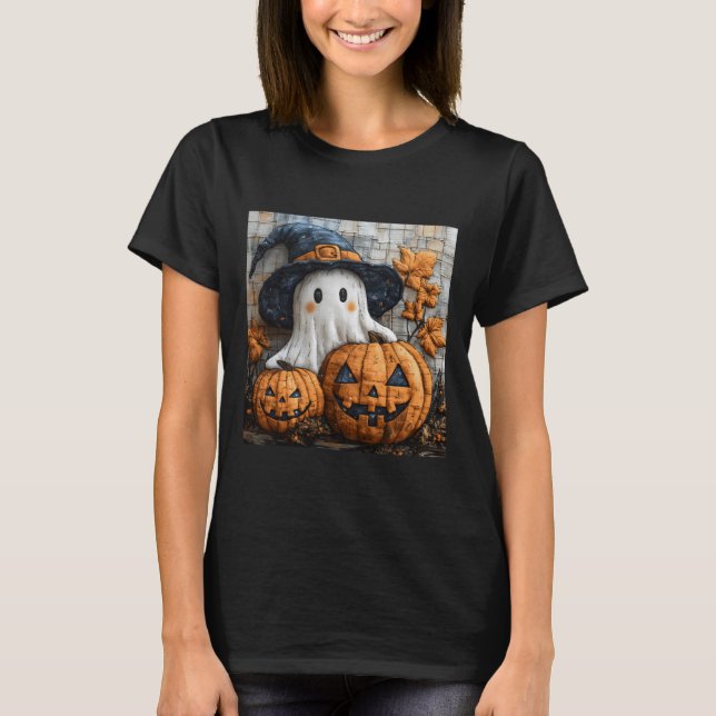 Funny Ghost Pumpkin Cute Halloween Patchwork Art 1 T-Shirt (Front)