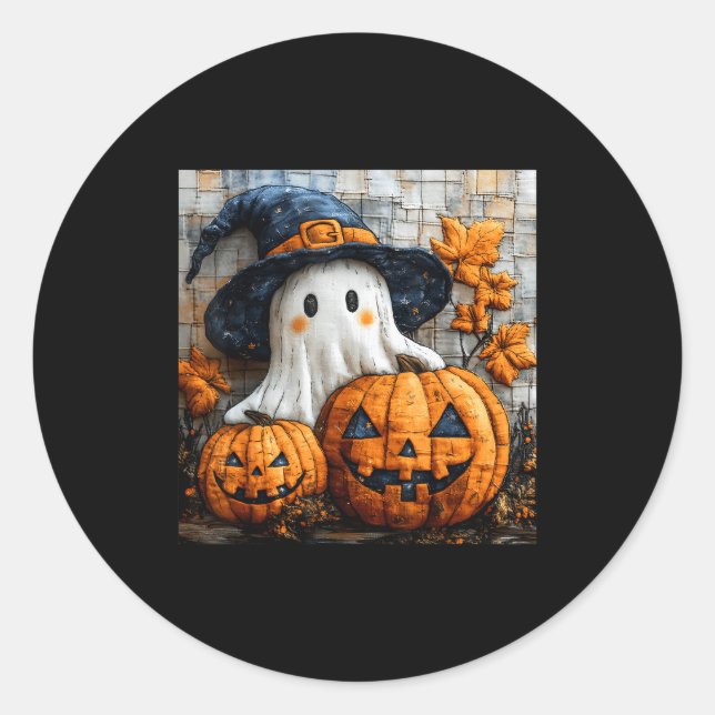 Funny Ghost Pumpkin Cute Halloween Patchwork Art  Classic Round Sticker (Front)