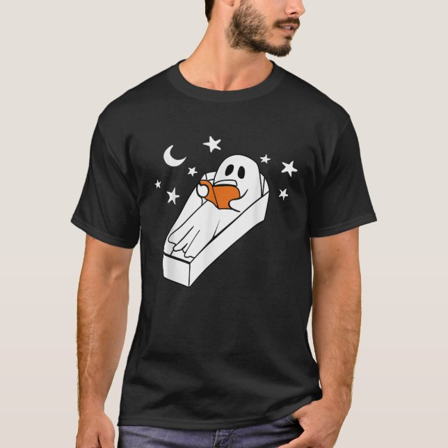 Funny Ghost Reading Book in Coffin Bookworm Tee Bo (Front)