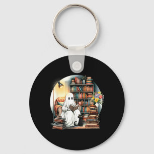Funny Ghost Reading Book Lover Halloween Black Cat Key Ring