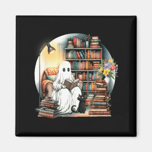 Funny Ghost Reading Book Lover Halloween Black Cat Magnet
