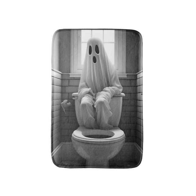 Funny ghost sitting in toilet bath mat (Front Vertical)