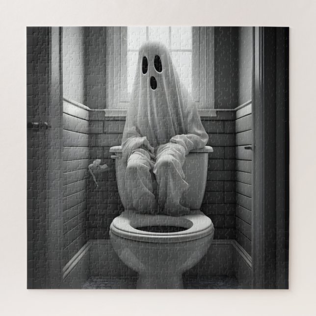 Funny ghost sitting in toilet jigsaw puzzle (Vertical)