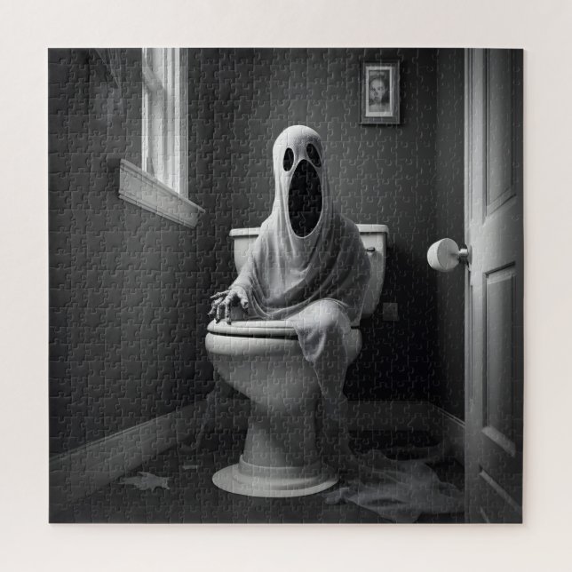 Funny ghost sitting in toilet jigsaw puzzle (Vertical)