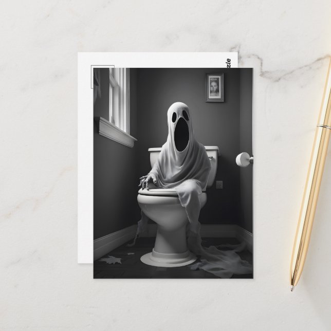 Funny ghost sitting in toilet postcard (Front/Back In Situ)